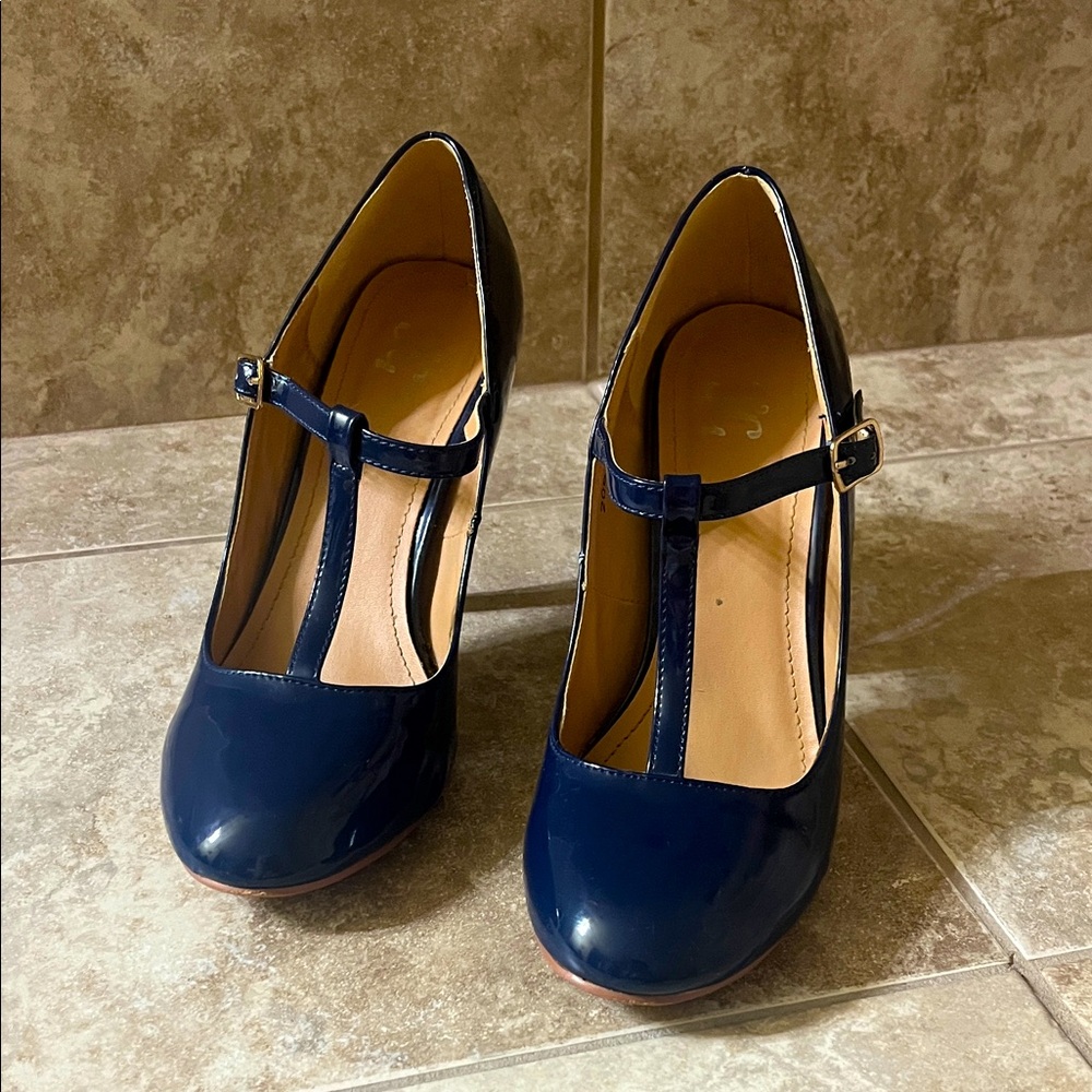 Patent leather (PU) Navy Blue Women's T-Strap Heels